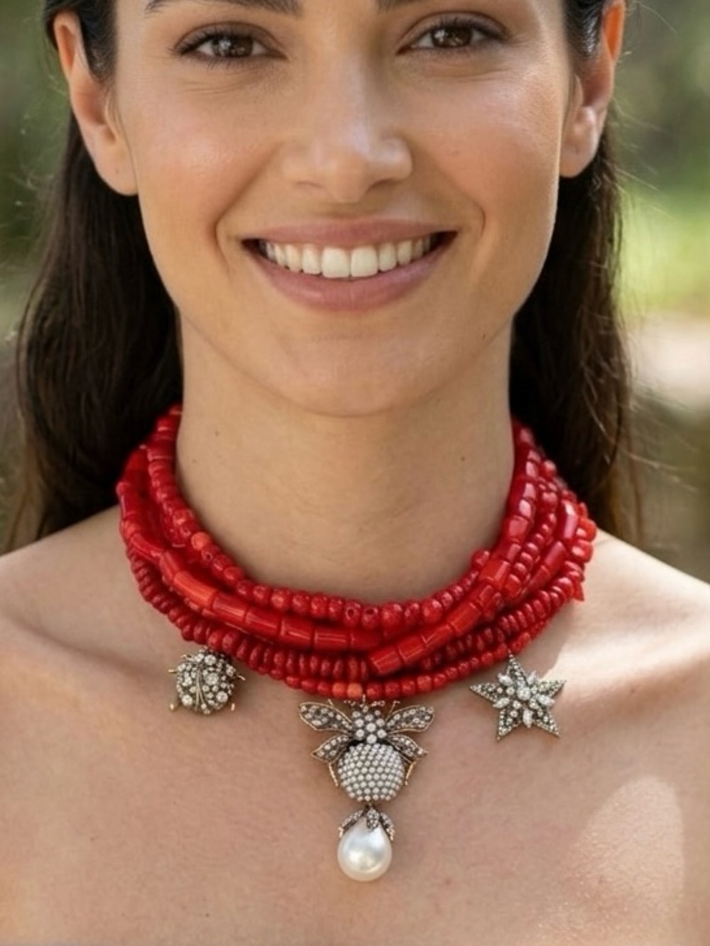 Coral Necklace w/ Pearl, Star & Ladybug Pendants | 18K Gold Plated Handcrafted